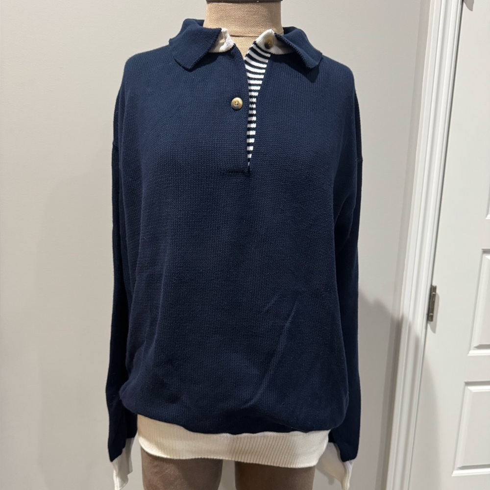 VINTAGE La Mode Sweater Mens L/M Navy And Wht Pullover Sweater Casual Golf 90s
